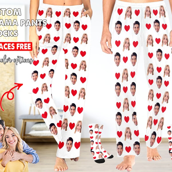 Pyjamas personnalisés, pantalons de pyjama avec visage, bas de pyjama imprimés, pantalons de pyjama avec photo personnalisée, cadeaux de couple, cadeaux de Saint-Valentin