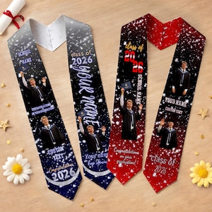 May include: Graduation stoles in navy, black, and red with white text and photos. The stoles have text that reads "School Name", "Class of 2026", "Your Name", and "Congratulations on your graduation!"