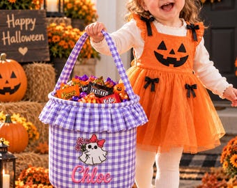 Custom Embroidered Trick or Treat Basket, Personalized Halloween Candy Tote,Halloween Bag for Kids, Halloween Bucket for Kids,Halloween Gift