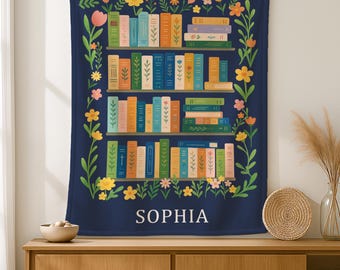Personalized Book Lovers Blanket with Name, Wildflower Bookish Throw, Custom Bookshelf Blanket, Gift for Bookworm & Reader