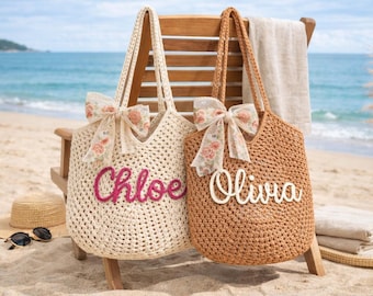 Bolso de playa de ganchillo personalizado, bolso con nombre personalizado, bolso de verano de algodón hecho a mano, regalo para bodas, regalos para despedidas de soltera, regalo para damas de honor