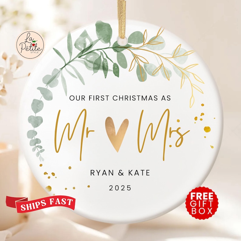 Our First Christmas Married Ornament 1st Married Christmas Ornament Personalized Ornament Christmas Wedding Ornament Wedding Gift for Couple Gold Heart