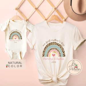 Custom Name Our First Mother's Day Together Shirt Mommy and Baby Bodysuit New Mom and Baby Matching Set Mama and Mini Leopard Rainbow Onesie