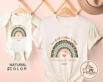Custom Name Our First Mother&#39;s Day Together Shirt Mommy and Baby Bodysuit New Mom and Baby Matching Set Mama and Mini Leopard Rainbow Onesie