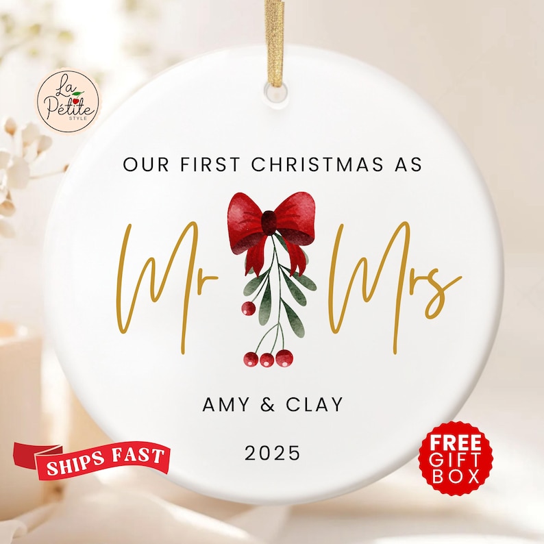Our First Christmas Married Ornament 1st Married Christmas Ornament Personalized Ornament Christmas Wedding Ornament Wedding Gift for Couple Mistletoe