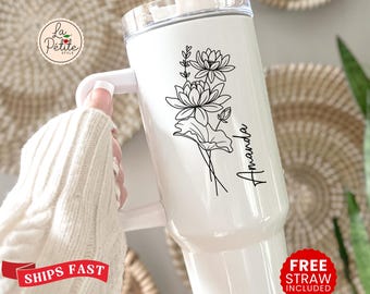 Custom Tumbler with Birthflower Travel Tumblers with Handle Personalized Birthflower Tumbler 40 oz Travel Mug Birthday Gift for Mom Auntie