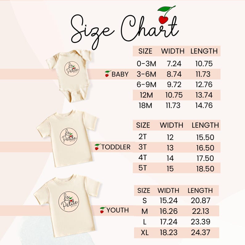 May include: Size chart for baby, toddler, and youth clothing. The chart shows the size, width in inches, and length in inches for each size. The chart is labeled with the words "Baby", "Toddler", and "Youth".