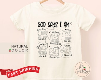 God Says I am Truck Shirt for Boy Christian Kids Clothing Boys Bible Verses Shirt Natural Toddler Boys Sunday School Shirt Construction Tee