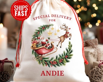 May include: A cream-colored fabric drawstring gift bag featuring the red text SPECIAL DELIVERY FOR ANDIE. The center graphic shows Santa Claus in a red sleigh pulled by a reindeer, surrounded by a green pine wreath with red berries and gold stars.