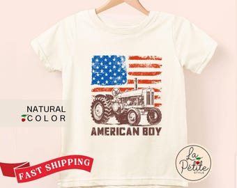 Vintage USA Tractor Shirt American Flag 4th of July Toddler Boy T-shirt Boy Fram Life Patriotic Tractor SHirt for Boy Western Country Boys