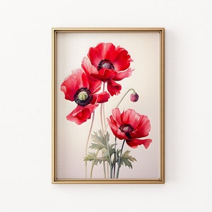 Red Anemone Wall Art - Botanical Vintage Print - Watercolor Flower Poster - Anemone Print - Red Watercolor Decor - Printable Wall Art