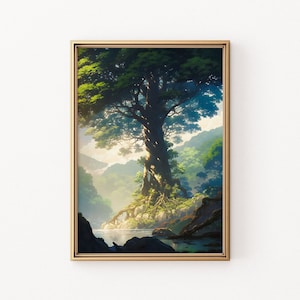 Baum des Lebens Anime Poster, Anime Aesthetic Art Print, Ghibli inspirierte Wald Malerei, druckbare Wandkunst, verzauberter Wald digitale Kunst
