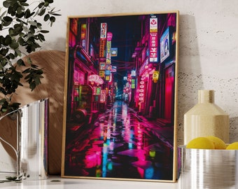 Neon Pink Tokyo Alley, Original Japanese Wall Art, Modern Tokyo Poster Print, Night City Artwork, Exquisite Tokyo Print for Home Decor