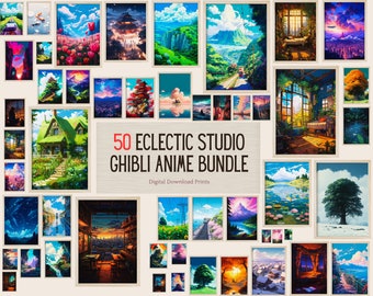 50 galerie éclectique inspirée du Studio Ghibli, affiche d'anime, art mural imprimable, téléchargement numérique ultra haute qualité, ensemble mural de galerie