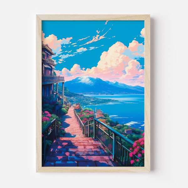 Dreamy Ocean Side Painting, Original Print, Vintage Cliffside Seaview Poster, Printable Wall art, Inspired Studio Ghibli Printable Art