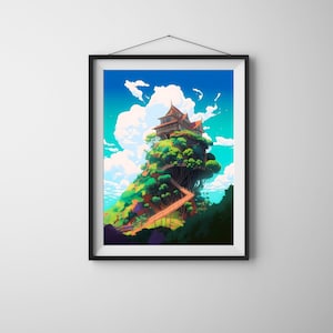 Anime House on Hill Art Decoración de pared escénica japonesa Enchanting Digital Landscape Manga Inspirado Decoración del hogar Serene Anime Nature Print