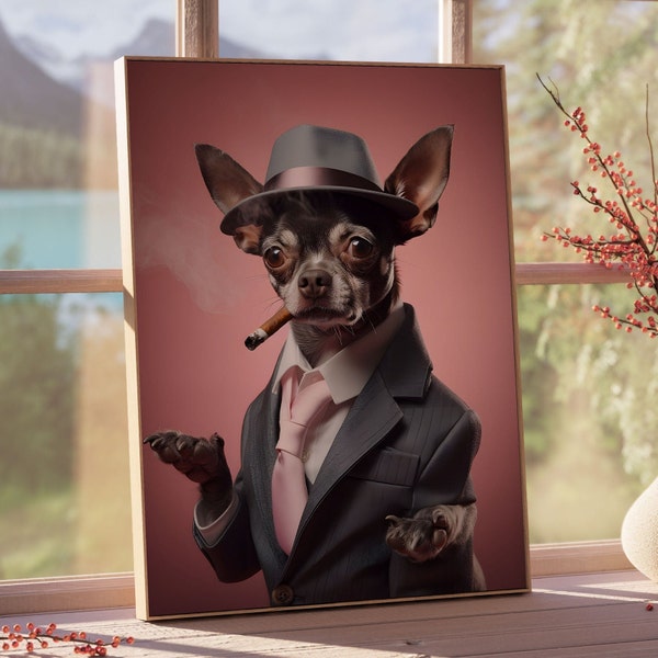 Chihuahua in a suit smoking a cigar, Funny Pet Print,Dog Printable, Dog Wall Decor, Dog lover art, Funny dog tapestry, dog bathroom decor