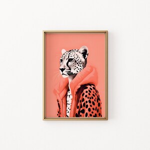 Cheetah in a Peachy Fur Jacket Wall Art, Leopard Poster, Feline Print, Big Cat, Minimalist Modern Home Decor, Printable Wall Art