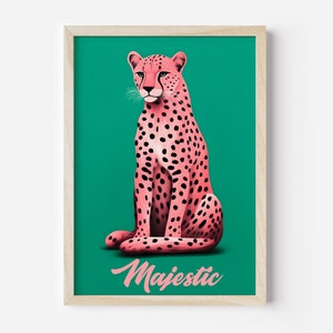 Arte de chita rosa para decoração de quarto formal, impressão de parede felina Boho, desenho de chita de selva de papelão, decoração de casa chique Boho, chita rosa verde