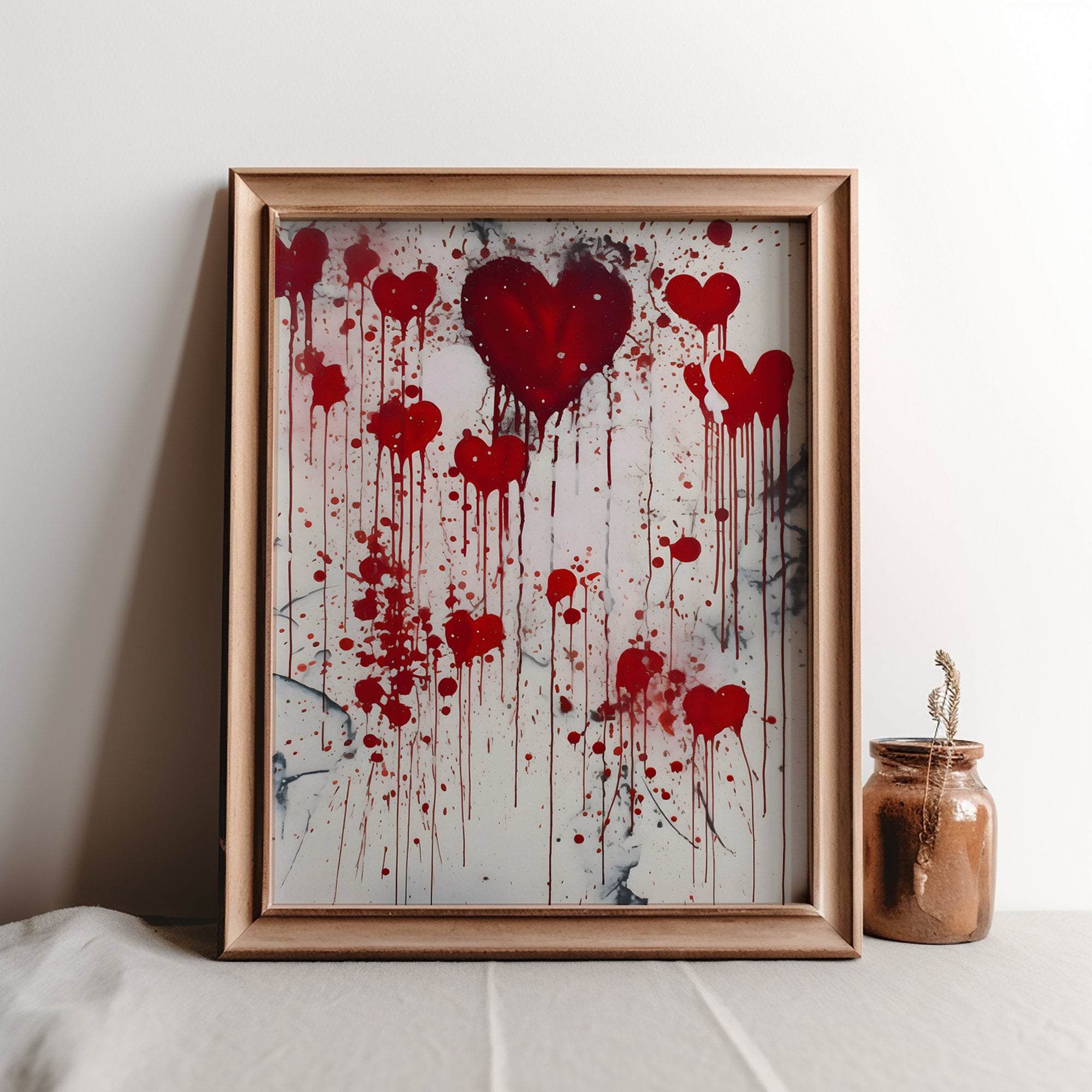 Vintage Bloody Heart Painting, Red Heart Decor, Abstract Heart