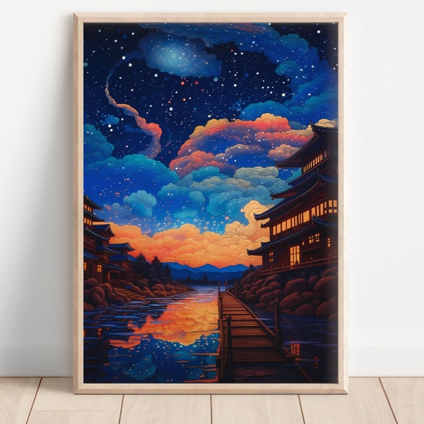 Dreamy sky stars and clouds digital painting, blue and orange home decor, anime nursery art, dreamy japanese home decor, milky way painting