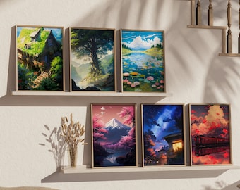 Ensemble de 6 galeries d'œuvres d'art inspirées de Studio Ghibli, affiche d'anime, décor de mur à la maison, art de mur imprimable, art de mur de paysage de saisons