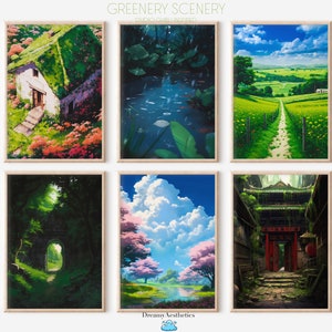 Greenery Studio Ghibli inspired artwork, Set of 6 printable gallery, Greenery home wall decor, Digital Download, Anime Poster, Green prints