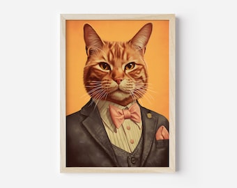 Mid Century Modern Cat and Kitchen Art Print | Orange Cat Home Decor | Orange cat Aesthetic pet art | Orange cat Digital Art | Funny cat art
