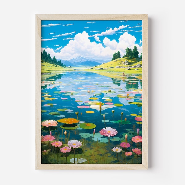 Water lilies calming decor, Water lily pads wall decor, inspo studio ghibli still, nature landscape art, blue green anime decor, kitchen art