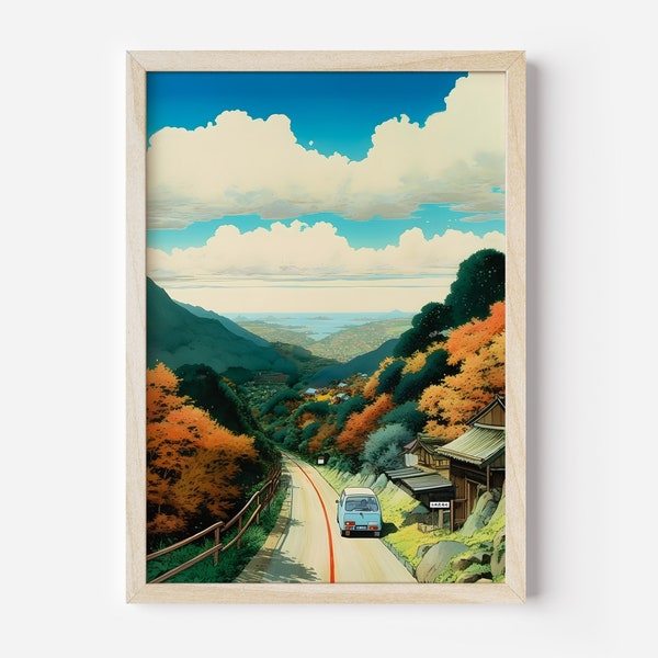 Studio Ghibli Countryside Art, Japanese Nature Poster, Anime Wall Decor, Peaceful Scenery Print, Digital Download PRINTABLE Scenic Drive