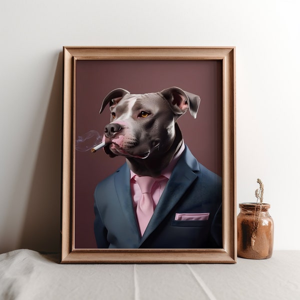 Pit Bull in a suit smoking a cigar, Funny Animal Print, Printables, Dog Wall Decor, Dog lover art, Pitbull lover gift, Mocha Pitbull Decor