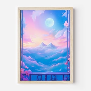 Sailor moon poster, dreamy mountain range view, pastel girly print, dreamy wall art, magical living room decor, anime nursery print