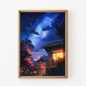 Noche japonesa en el arte rural de Kioto - Decoración de pared inspirada en el anime - Arte moderno de la pared - Cartel del paisaje urbano asiático - Arte de pared imprimible - Bellas artes