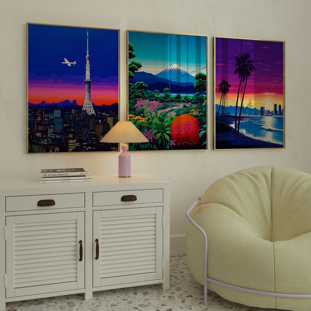 Sunsoaked Urban Landscapes Wall Art Set of 3, Retro Futurism Printable