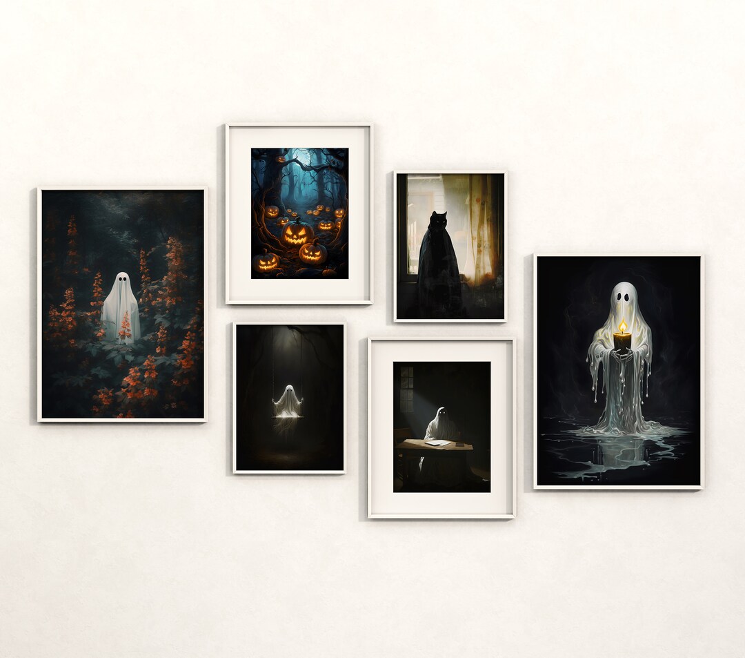 Spooky Vintage Set of 6 Halloween Decor, Sheeted Ghost Art Print ...