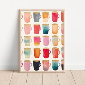 Coffee cup watercolor print, coffee bar art, summer kitchen art print, rainbow coffee print, wall art, colorful coffee mug decor