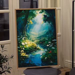 Ghibli Inspiriertes Wald Poster - Bezaubernde japanische Anime Landschaft Kunst für Wohnzimmer Wand - Ästhetischer Anime Druck in hoher Qualität