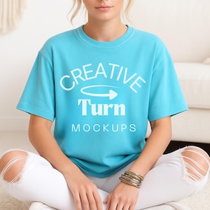 Comfort Colors 1717 Mockup Lagoon Blue, Trendy Oversized Tshirt Mockup, Aesthetic Shirt Mock, Blue POD Mock, blue tshirt Mockup, boho mockup