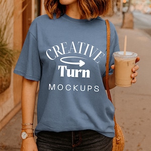 Comfort Colors 1717 Mockup blue Jean, Trendy Oversized Tshirt Mockup, Beach Model Mock, Aesthetic Shirt Mock, Blue POD Mock, blue tee Mockup