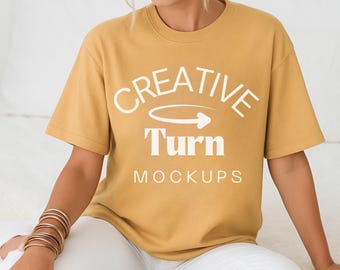 Mustard Comfort Colors 1717 Mockup, Trendy Oversized Tshirt Mockup, mustard Model Mock, Aesthetic Shirt Mock, fall Mockup, trendy mockup