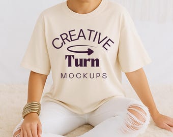 Comfort Colors 1717 Mockup Ivory, Trendy Oversized Mockup, CC mockup, Aesthetic Shirt Mock, Summer POD Mockup, Ivory Mockup, studio mockup