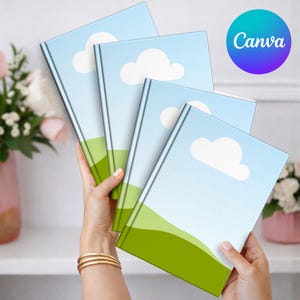 May include: Four notebooks with sky blue covers featuring white clouds and green fields. The notebooks are held in a person's hands. The Canva logo is visible in the upper right corner.