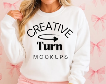 White Gildan 18000 Crewneck Mockup, Gildan Mockup White, trendy Mockup White Sweatshirt, G1800 White Mockup, Coquette Aesthetic