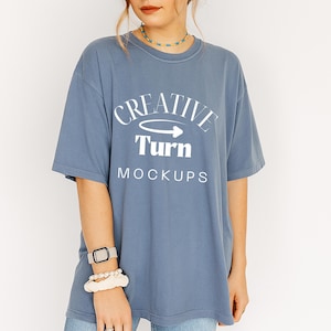 Comfort Colors 1717 Mockup blue Jean, Trendy Oversized Tshirt Mockup, Aesthetic Shirt Mock, Blue POD Mock, blue tshirt Mockup,