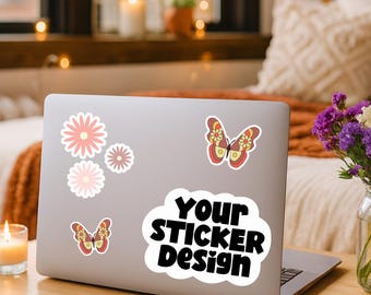 Mockup di decalcomania per laptop, mockup di adesivo per laptop, mockup di decalcomania, laptop piatto, mockup di adesivo, mockup di adesivo boho, mockup di social media