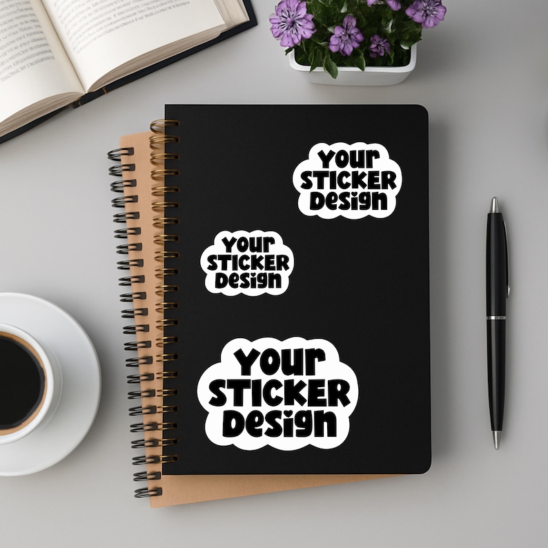 May include: A black spiral-bound notebook with three white stickers that read "Your Sticker Design" in a bold, rounded font. A pen, a cup of coffee, a book, and a small pot of purple flowers are also visible.