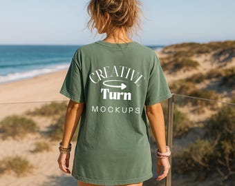Comfort Colors 1717 Mockup Moss back, Trendy Oversized Tshirt Mockup, comfort colurs Moss Mock back of model, Summer POD Mock, Moss tshirt