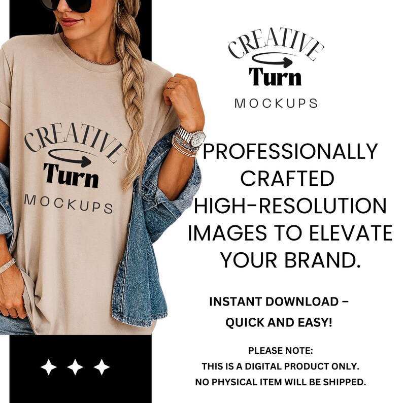 May include: A woman wearing a tan t-shirt with the text "CREATIVE Turn MOCKUPS" in black. The image also includes text that reads "PROFESSIONALLY CRAFTED HIGH-RESOLUTION IMAGES TO ELEVATE YOUR BRAND."