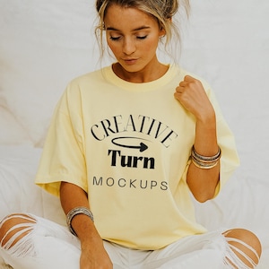 Comfort Colors 1717 Mockup banana, Trendy Oversized Tshirt Mockup, Beach Model Mock, Aesthetic Shirt Mock, Summer POD Mock, yellow Mockup