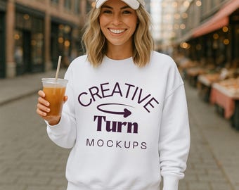 White Gildan 18000 Crewneck Mockup, Gildan Mockup White, trendy Mockup White Sweatshirt, G1800 White Mockup, Model Mockup, Crewneck mockup